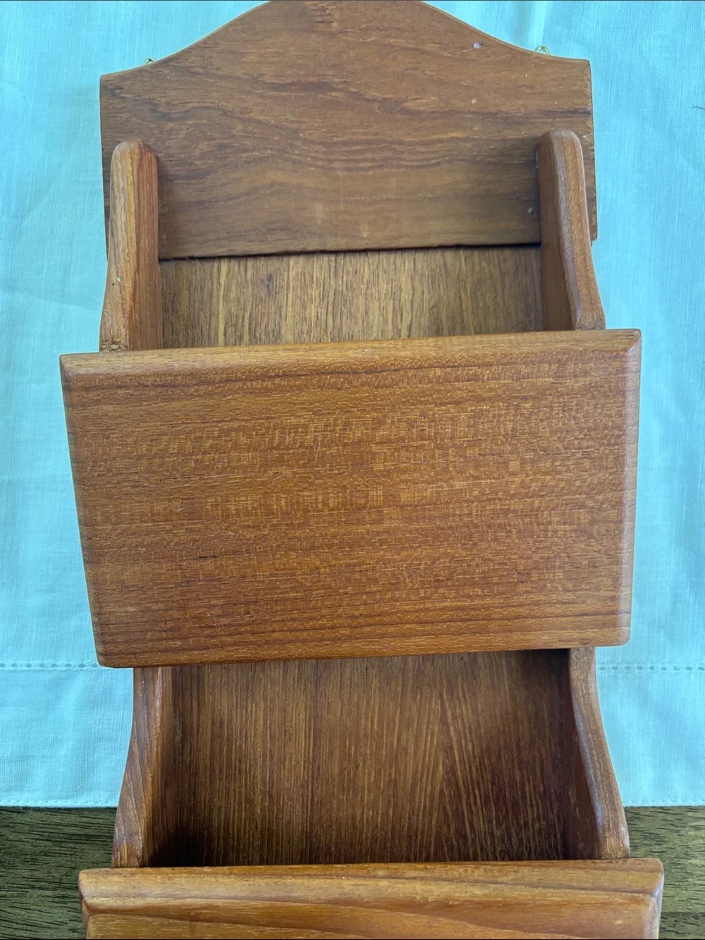 Vintage Goodwood Teak Wood Wall Organizer 3 Tier Entry Letter Holder & Key Hooks